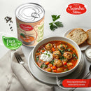 Ciorba de Perisoare Scandia Sibiu in a bowl with vegetables and meatballs, traditional Romanian soup in a branded conserve jar